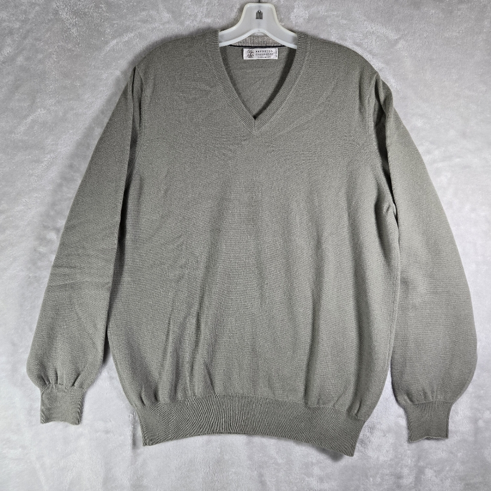 Brunello Cucinelli 100% Cashmere V Neck Sweater Beige Tan Size 54 Made In Italy